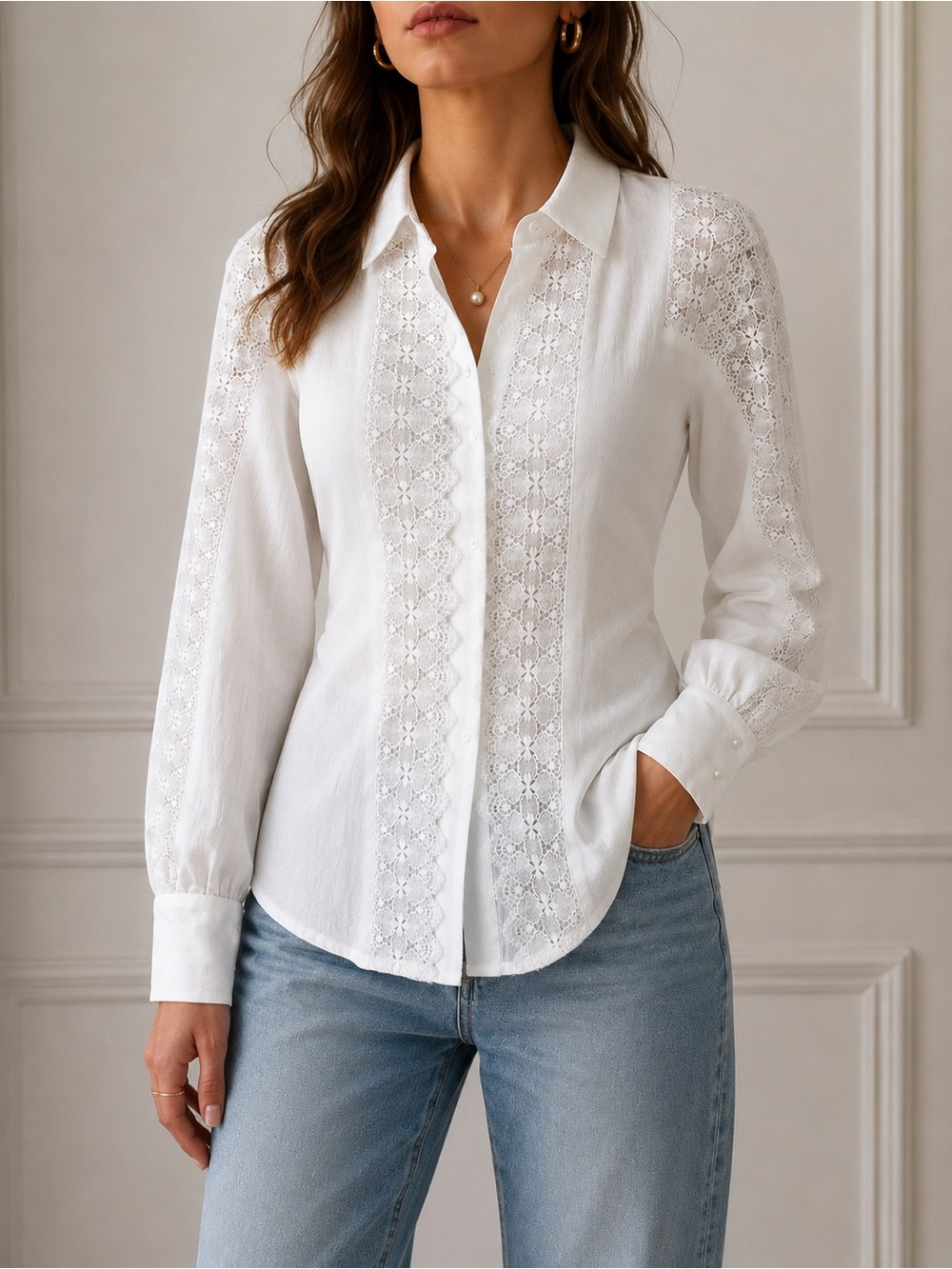 Maje White Lace-Panel Button Down Blouse
